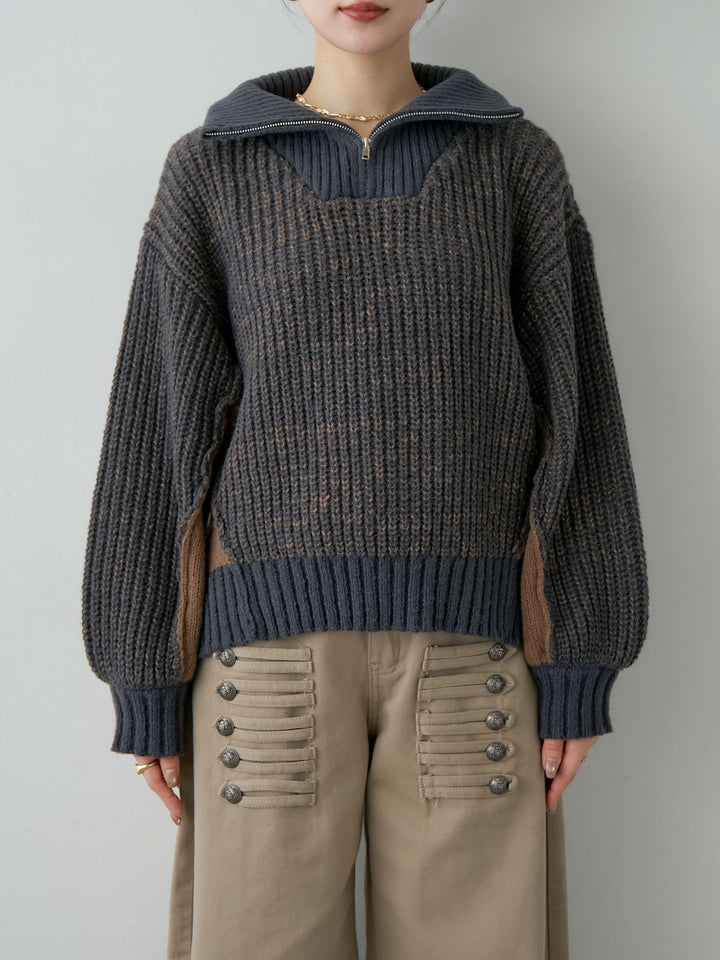 [予約]バイカラーハーフジップリブニットトップス/navy