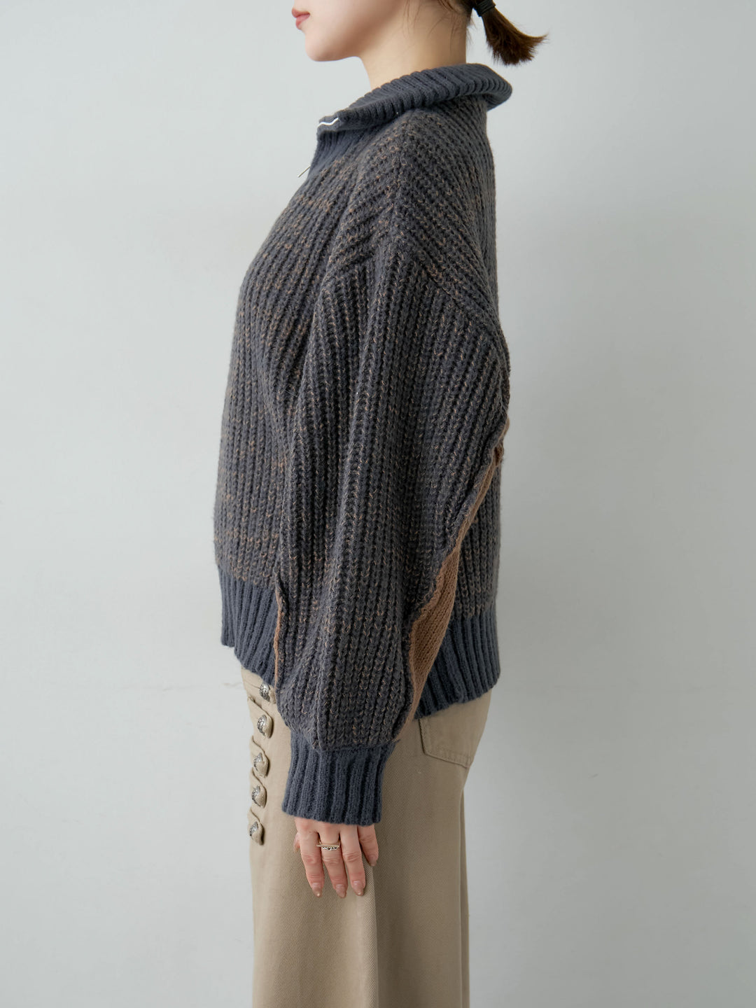 [予約]バイカラーハーフジップリブニットトップス/navy