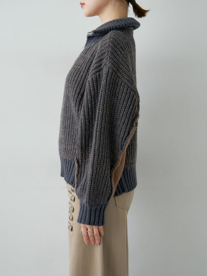 [予約]バイカラーハーフジップリブニットトップス/navy