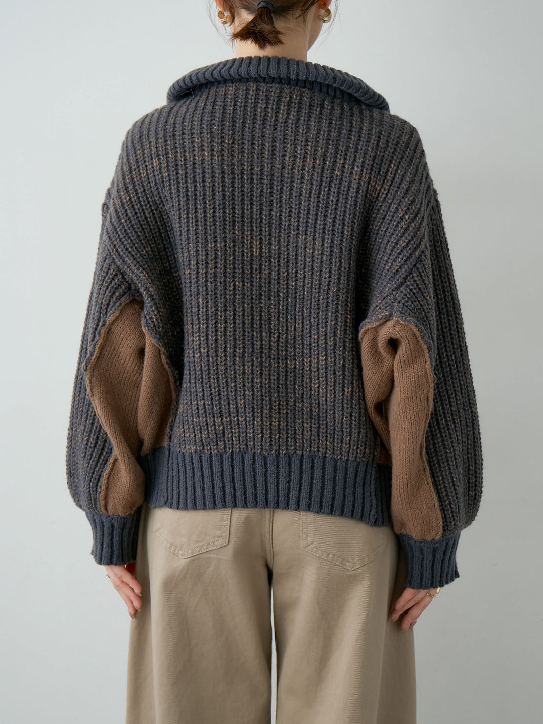 [予約]バイカラーハーフジップリブニットトップス/navy