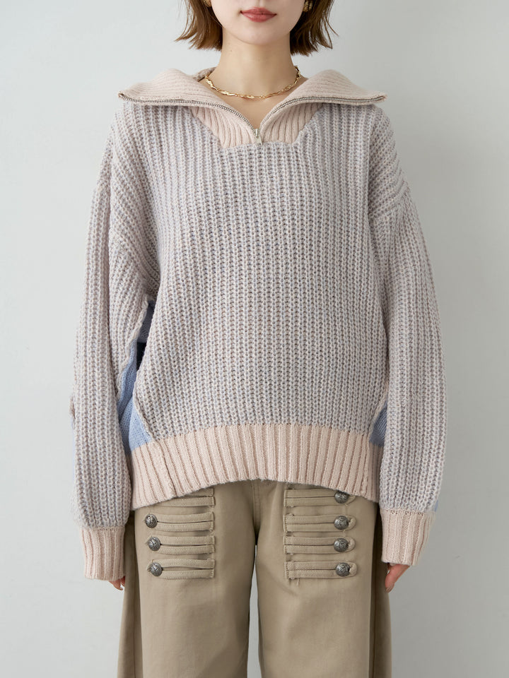 [予約]バイカラーハーフジップリブニットトップス/beige