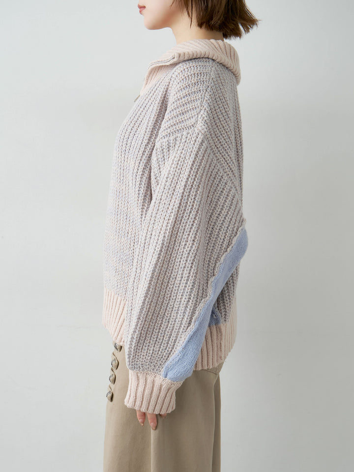 [予約]バイカラーハーフジップリブニットトップス/beige