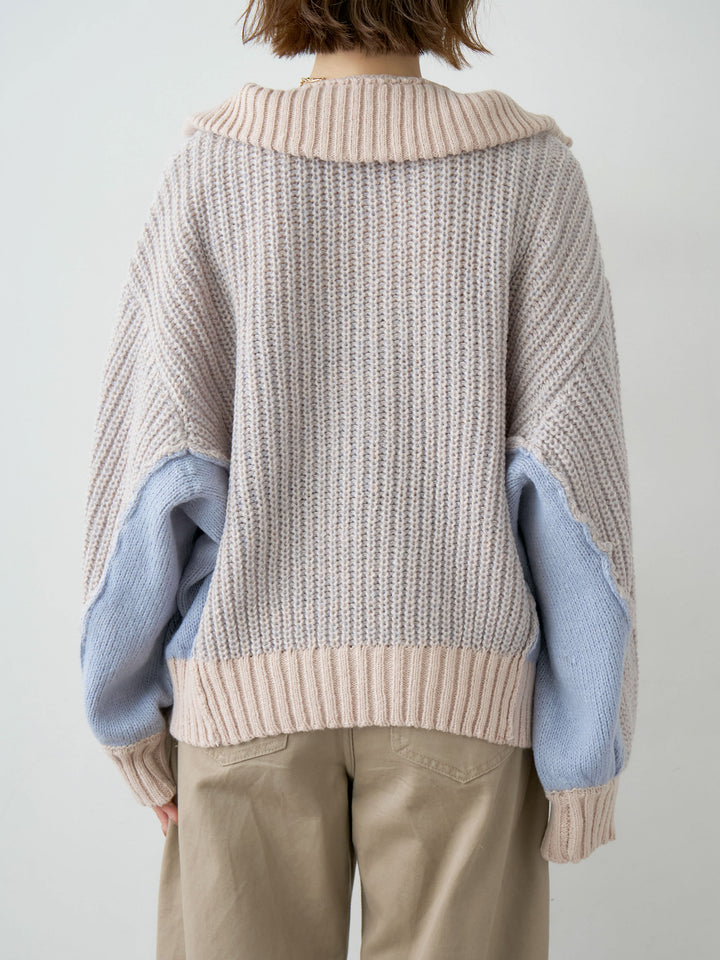 [予約]バイカラーハーフジップリブニットトップス/beige
