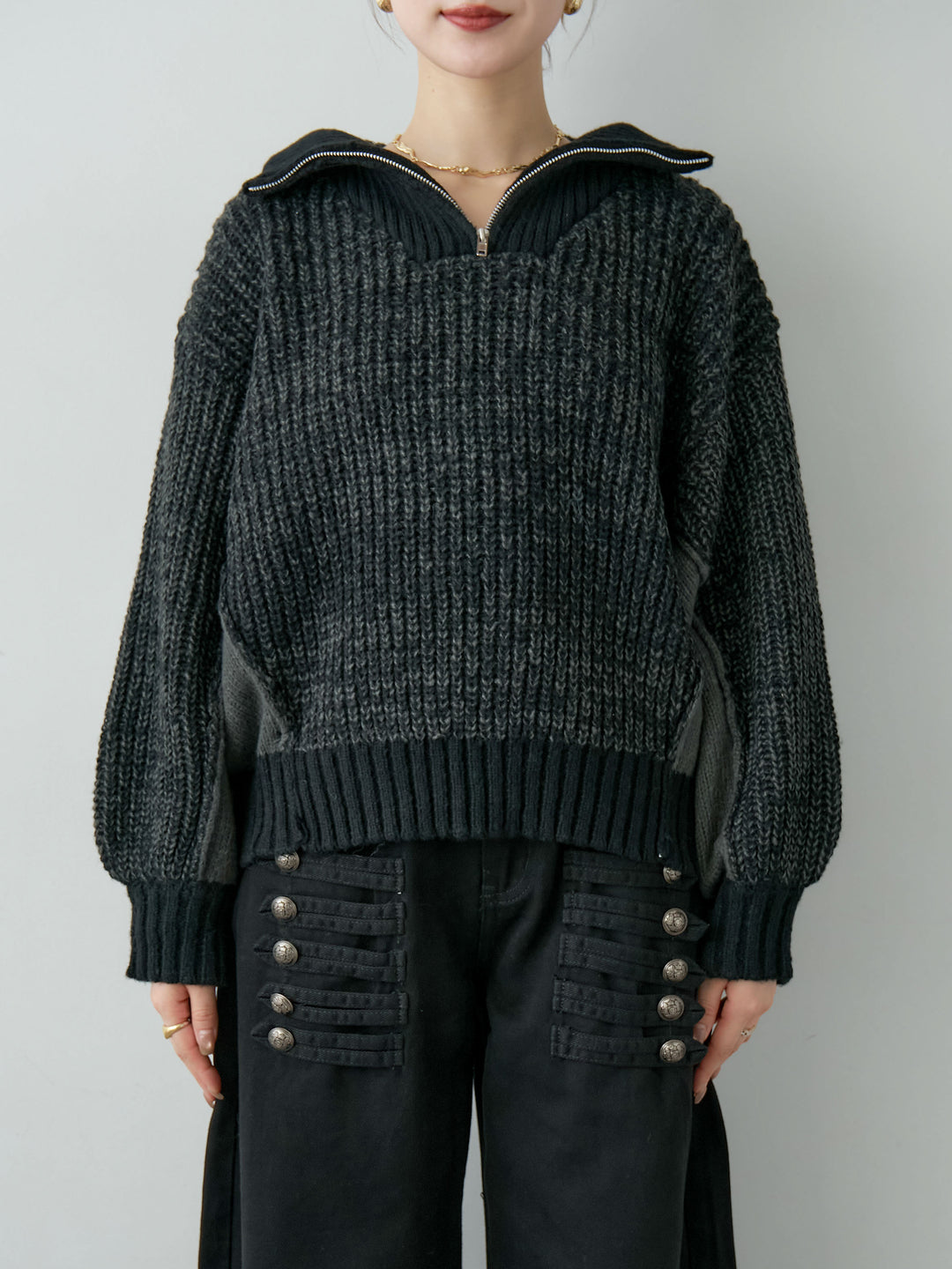 [予約]バイカラーハーフジップリブニットトップス/black