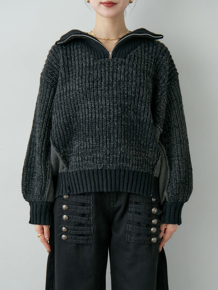 [予約]バイカラーハーフジップリブニットトップス/black