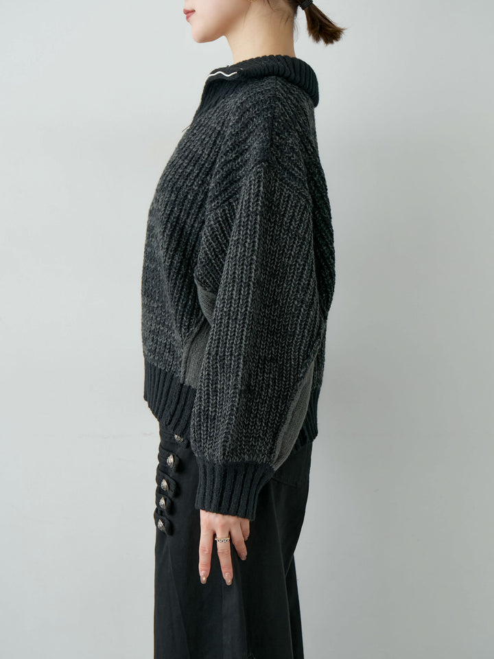[予約]バイカラーハーフジップリブニットトップス/black