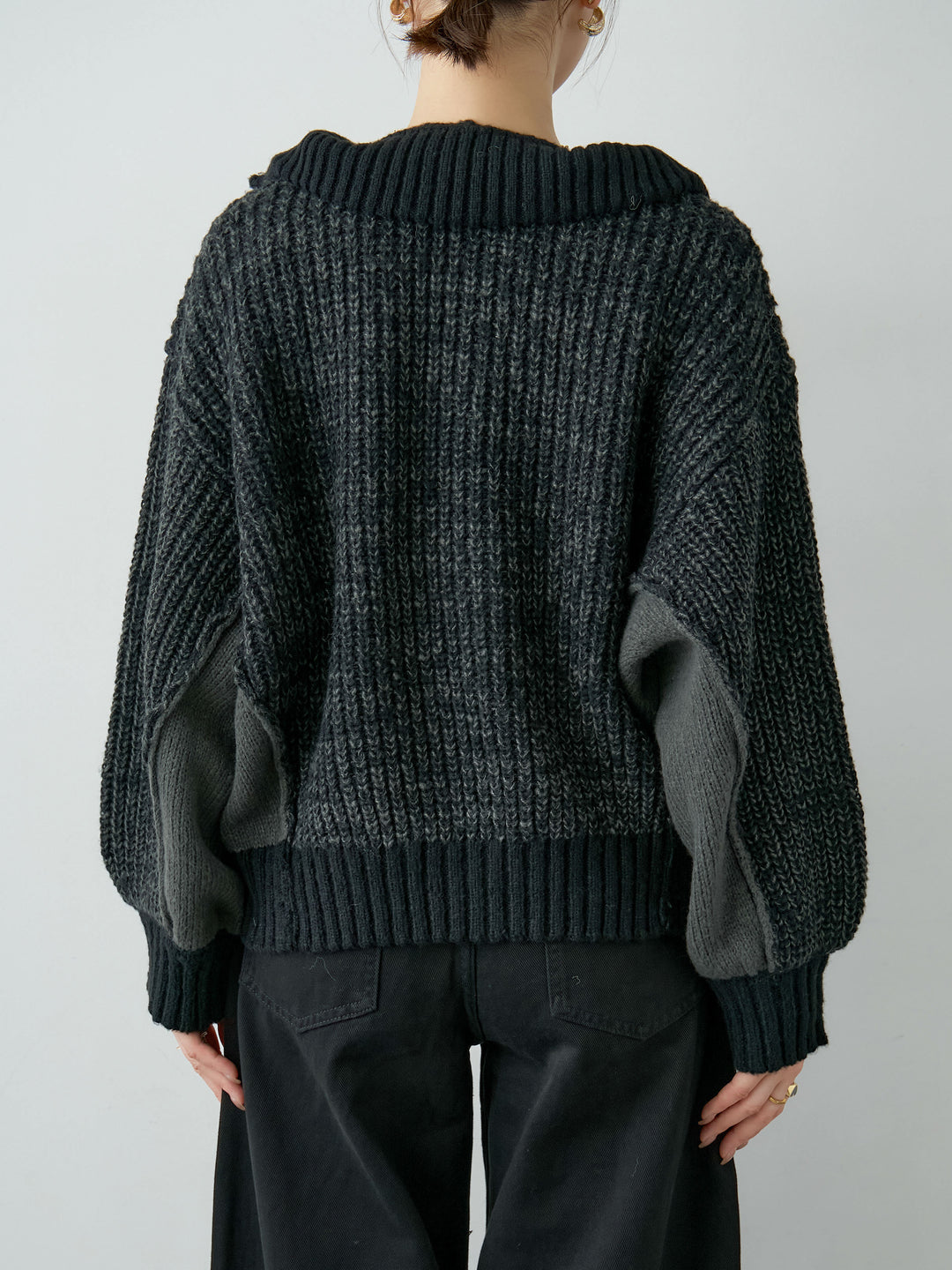 [予約]バイカラーハーフジップリブニットトップス/black