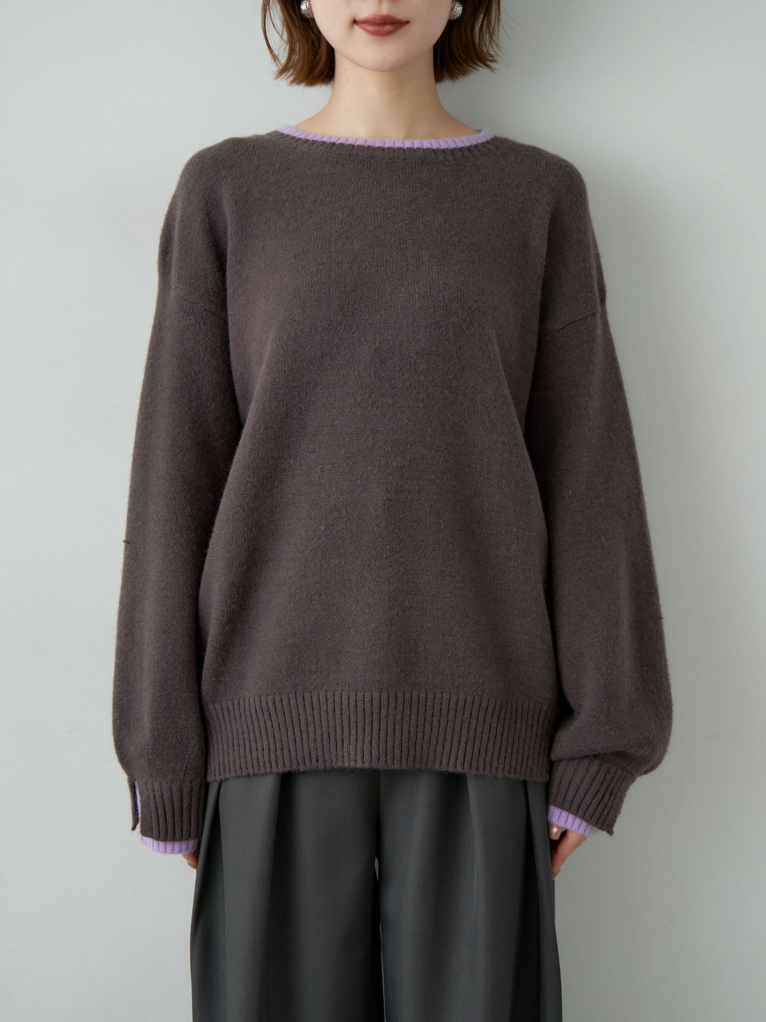 [予約]バイカラーカフスレイヤードニットプルオーバー/brown