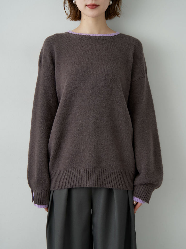 [予約]バイカラーカフスレイヤードニットプルオーバー/brown
