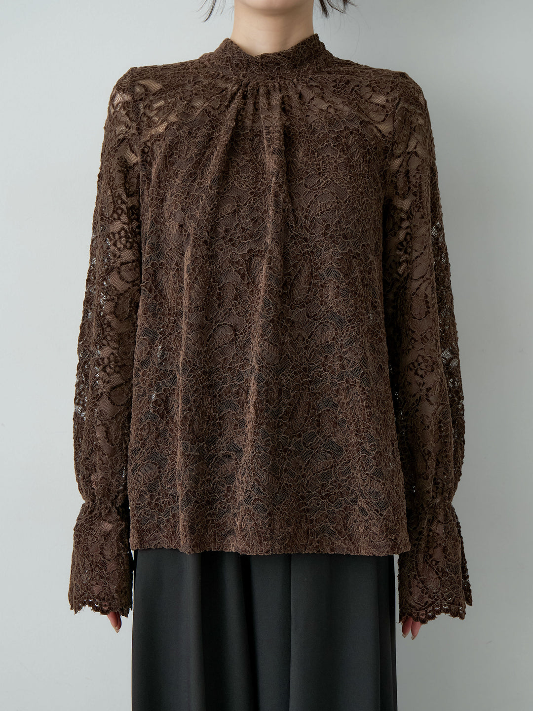 [予約]ベロアレースバックリボンブラウス/brown