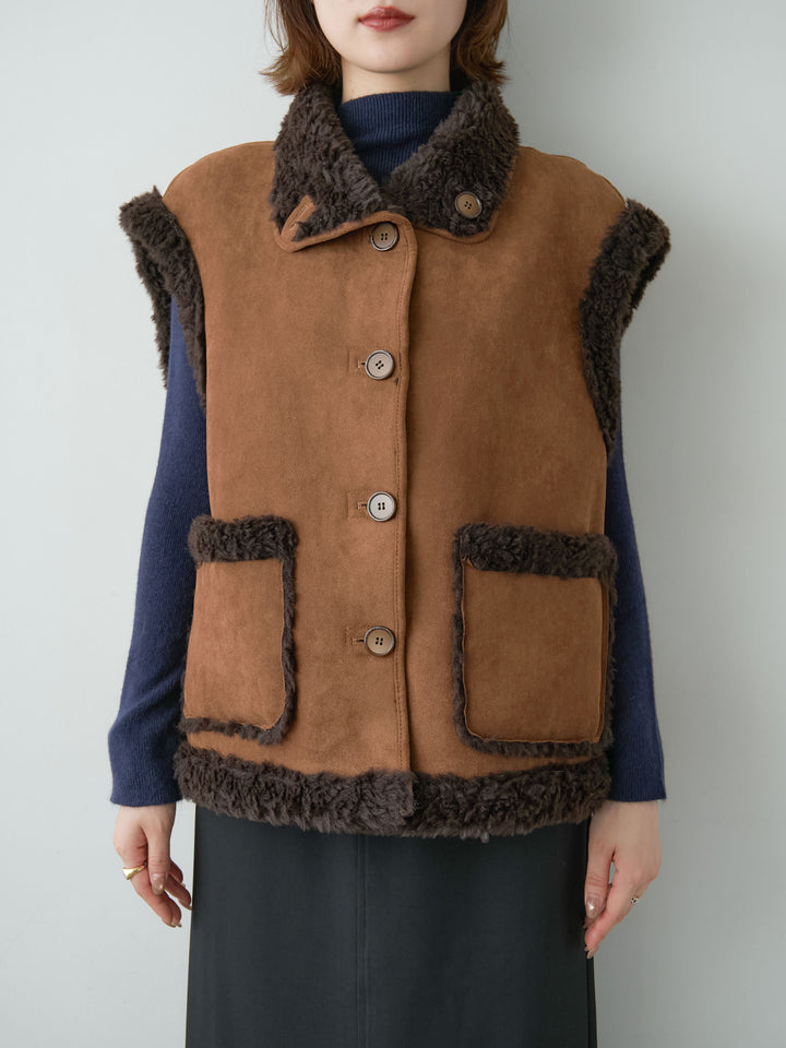 [予約]リバーシブルムートンライクオーバーベスト/brown