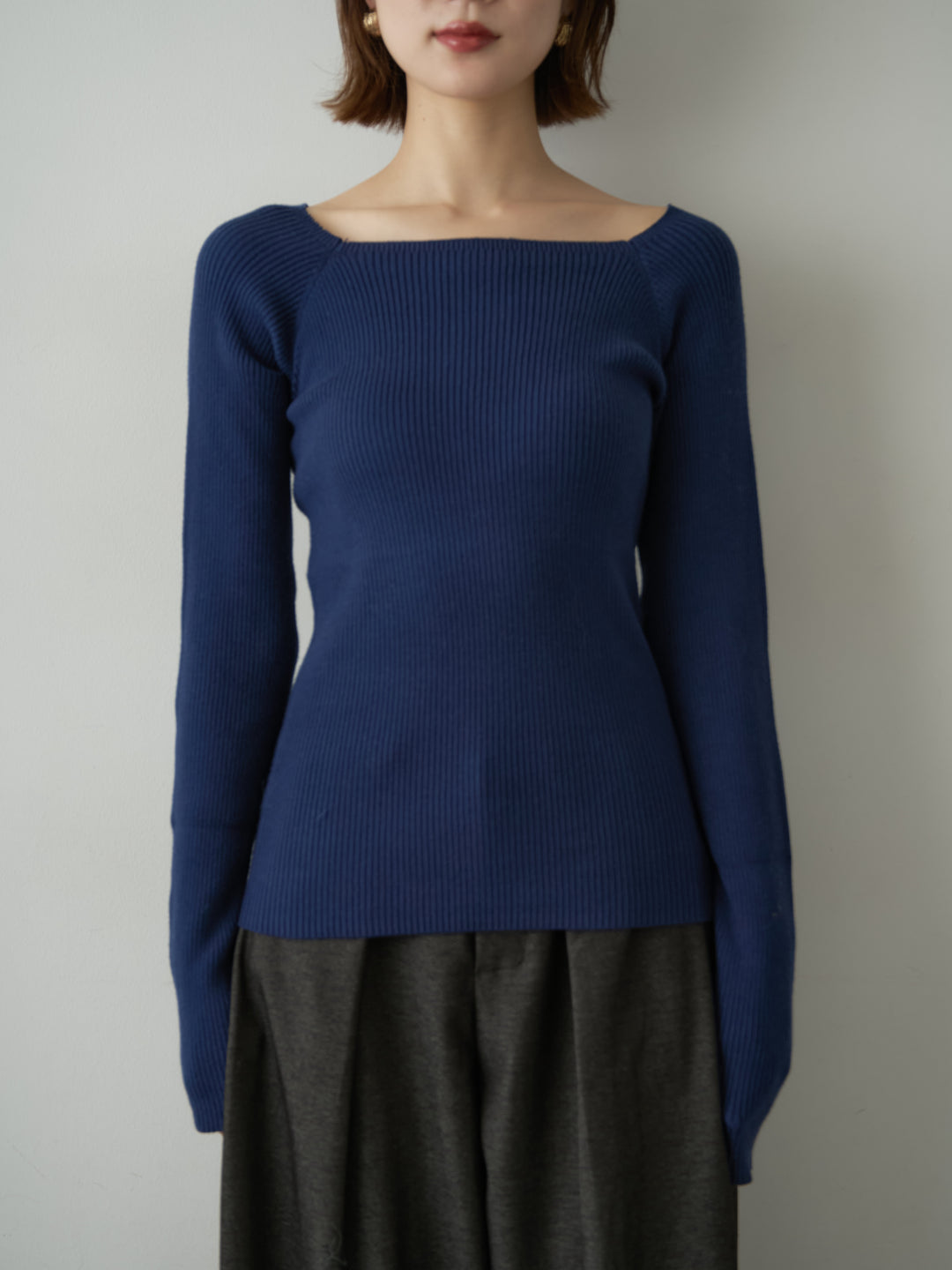 [予約]スクエアネックリブニットトップス/navy