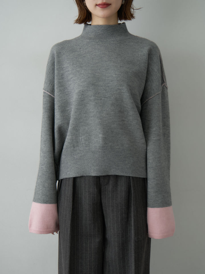 [予約]バイカラートリムワイドハイネックニットトップス/mokugray