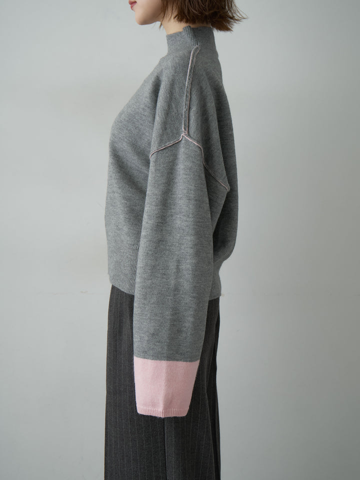 [予約]バイカラートリムワイドハイネックニットトップス/mokugray