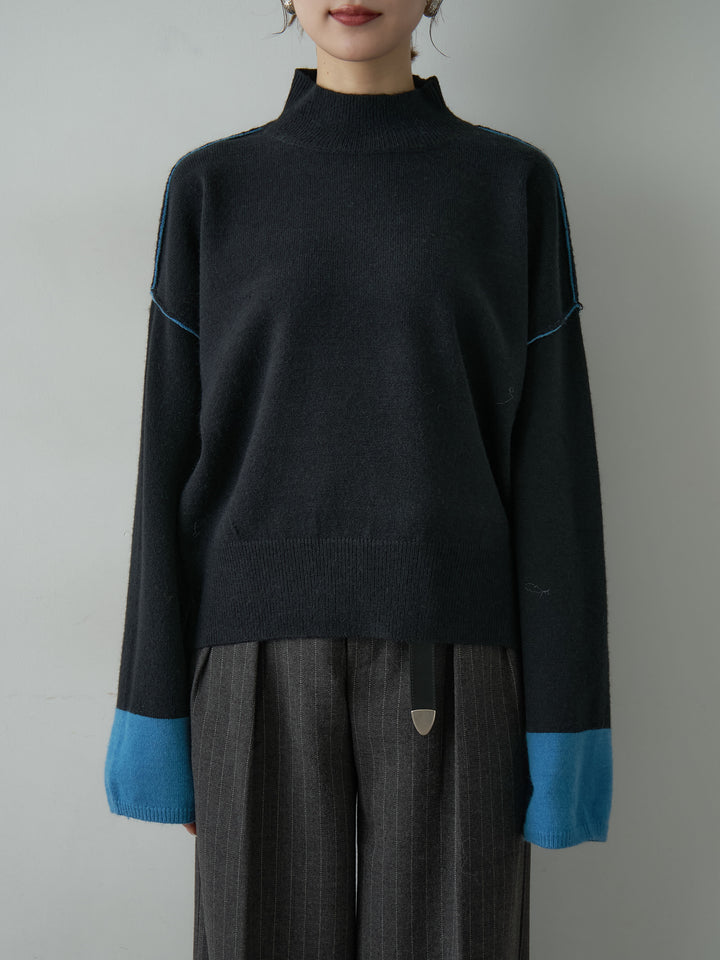 [予約]バイカラートリムワイドハイネックニットトップス/black