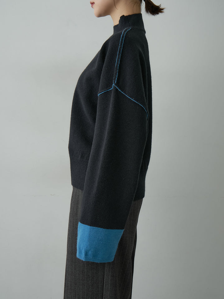 [予約]バイカラートリムワイドハイネックニットトップス/black