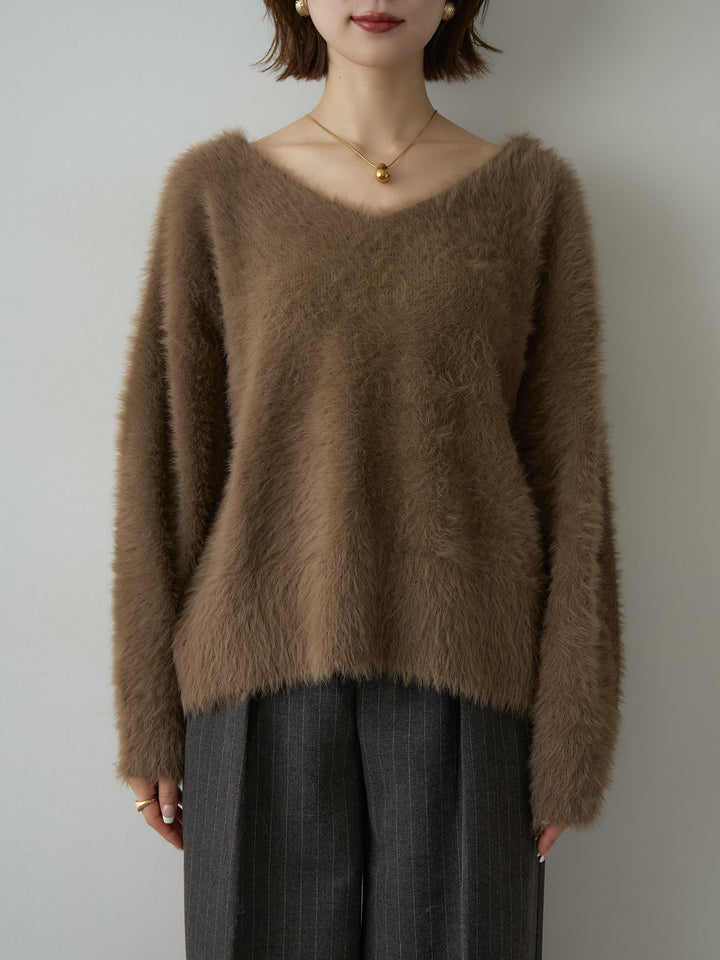 [予約]バックリボンVネックシャギーニットトップス/brown