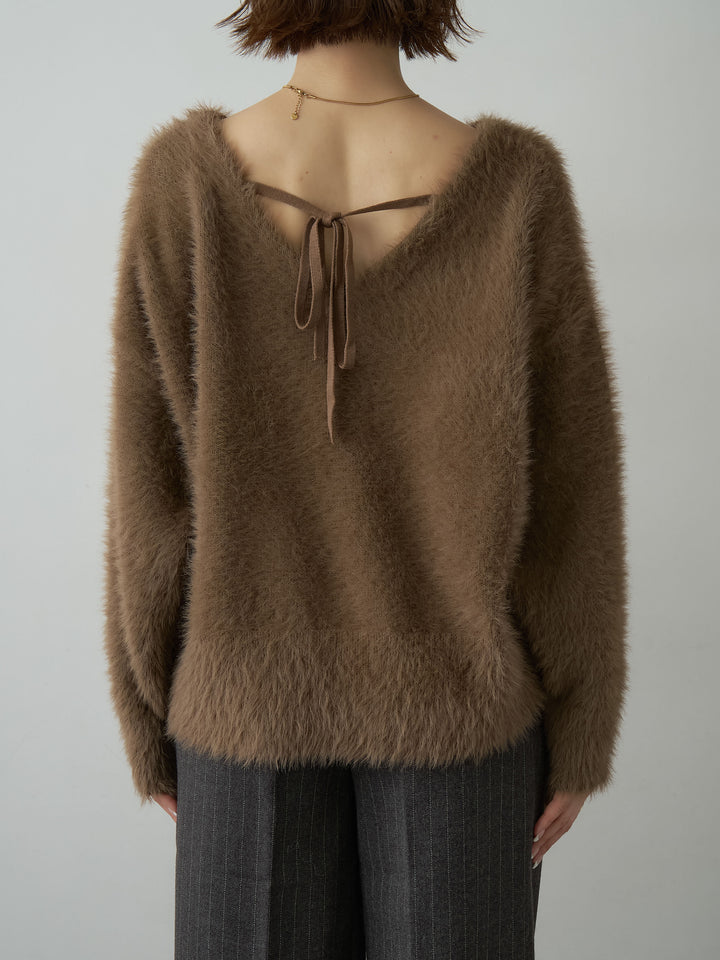 [予約]バックリボンVネックシャギーニットトップス/brown