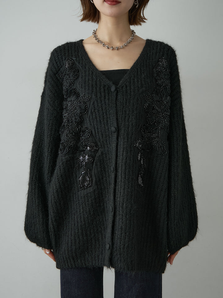 [予約]フローラルビーズニットロングカーディガン/black