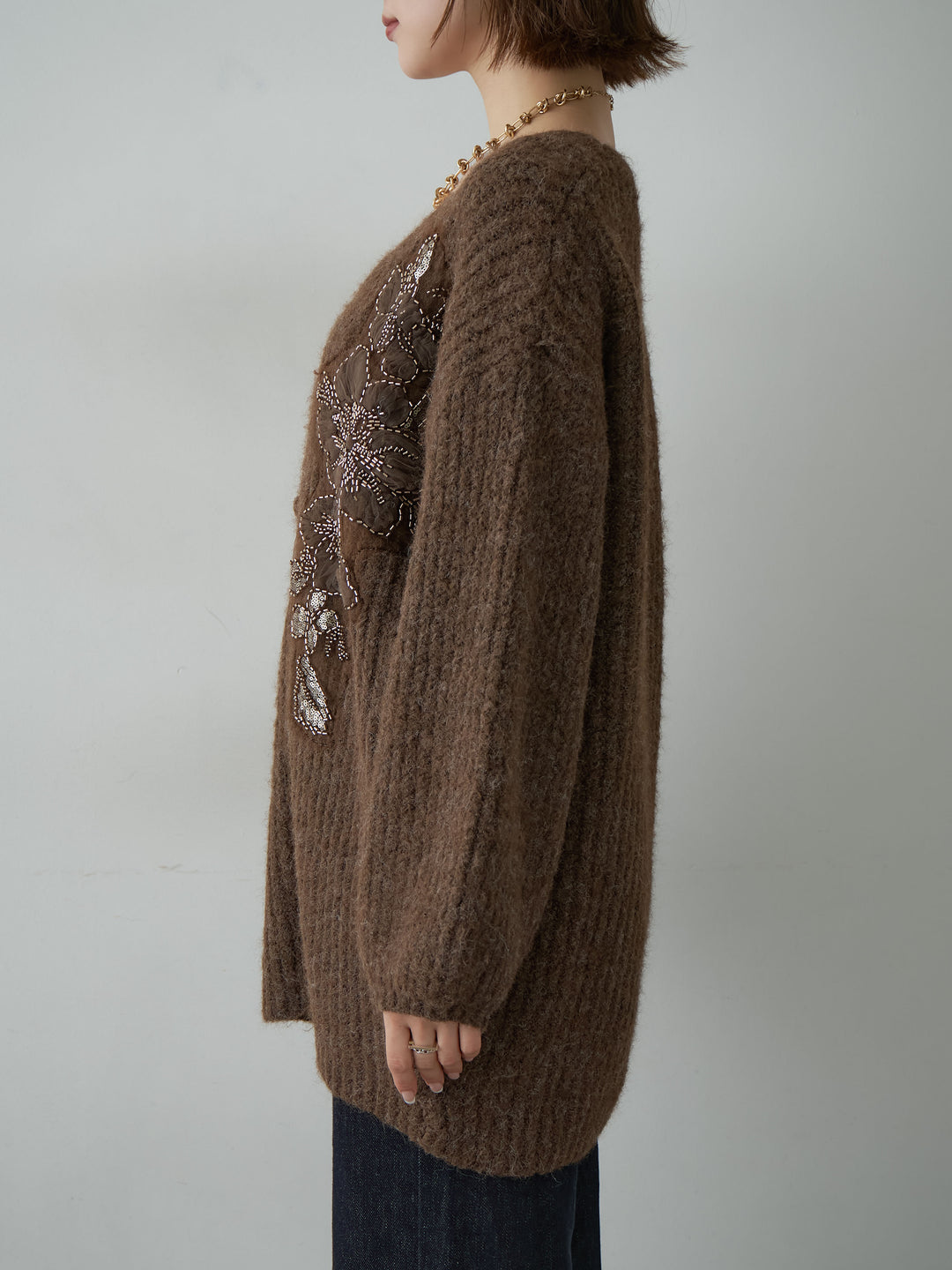 [予約]フローラルビーズニットロングカーディガン/brown