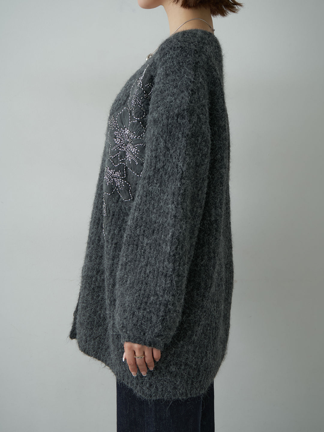 [予約]フローラルビーズニットロングカーディガン/darkgray