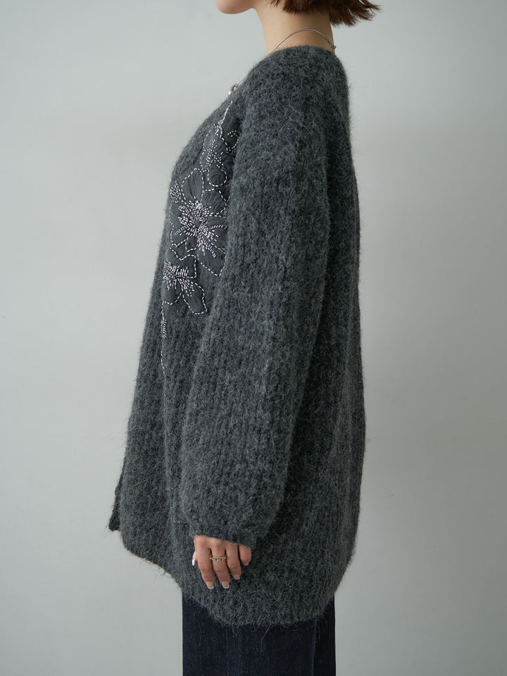 [予約]フローラルビーズニットロングカーディガン/darkgray