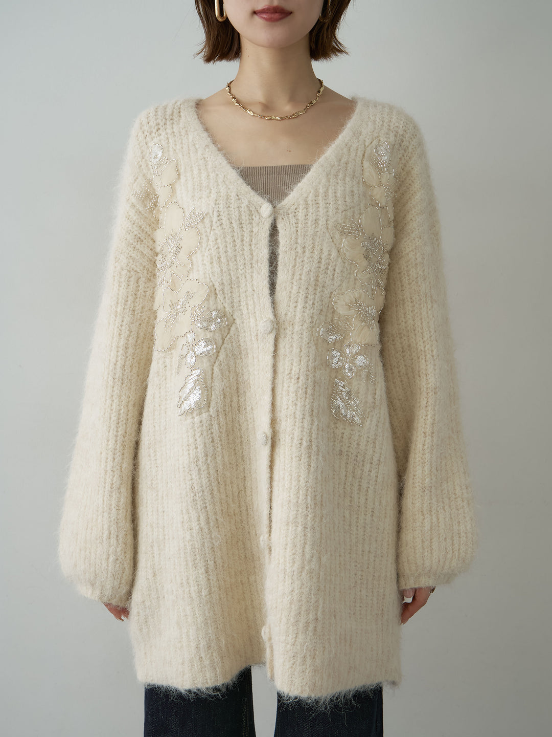 [予約]フローラルビーズニットロングカーディガン/beige