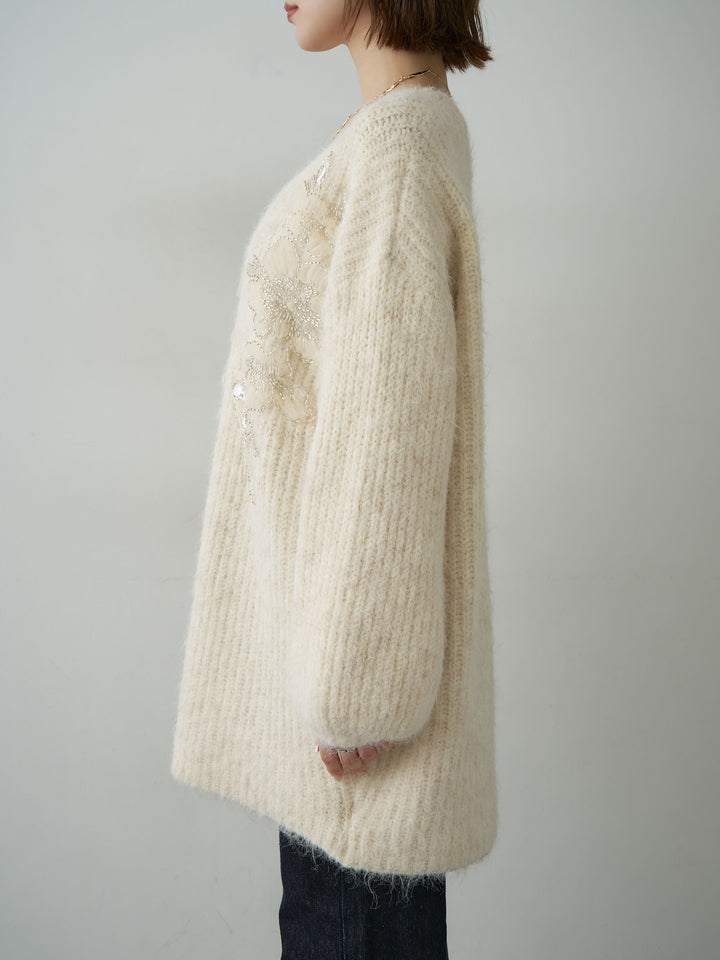 [予約]フローラルビーズニットロングカーディガン/beige