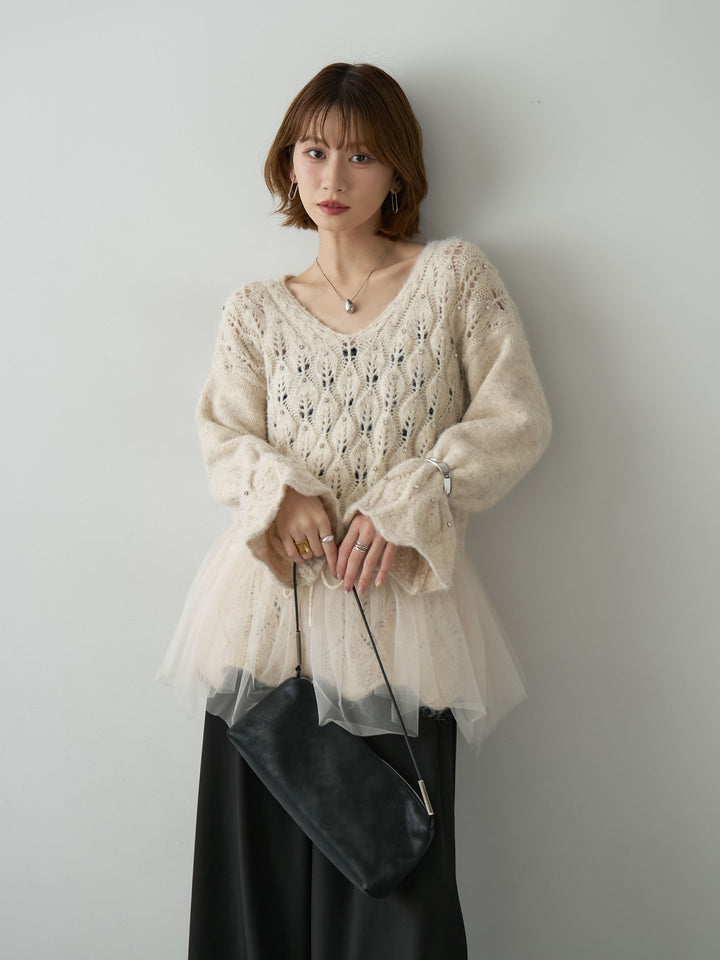 [予約]ラインストーンチュールヘムニットトップス/beige