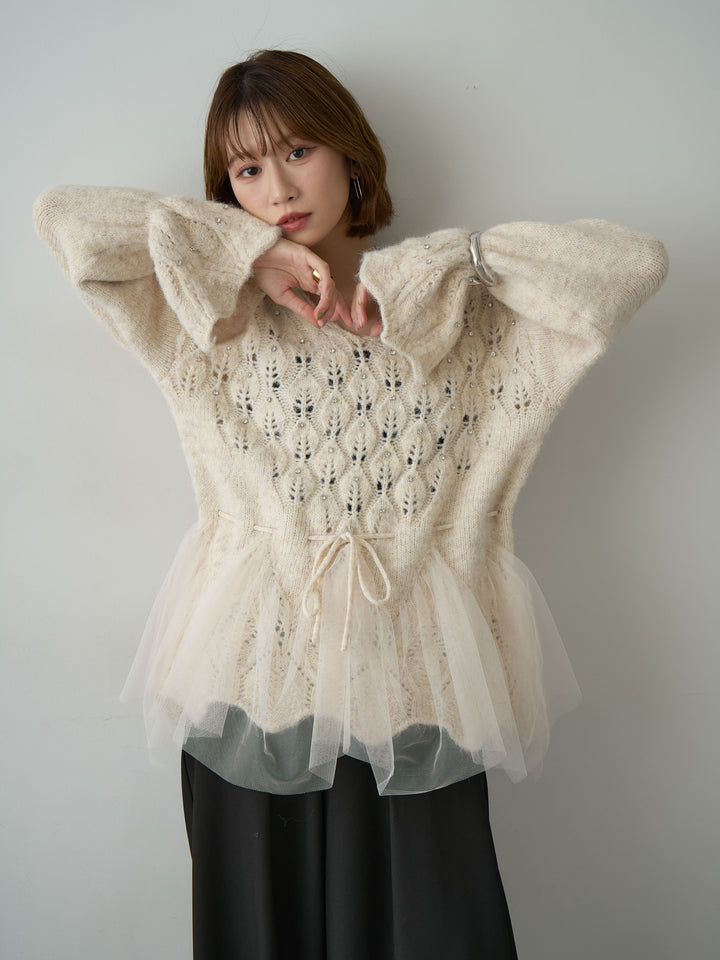 [予約]ラインストーンチュールヘムニットトップス/beige