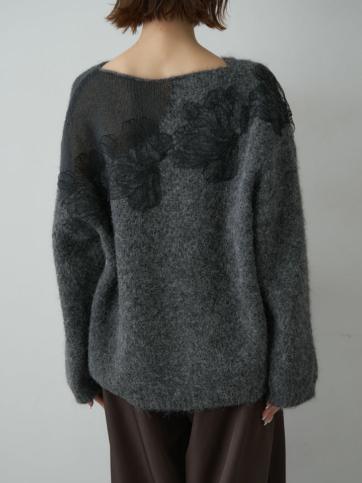 [予約]ショルダーシアーレースニットトップス/gray