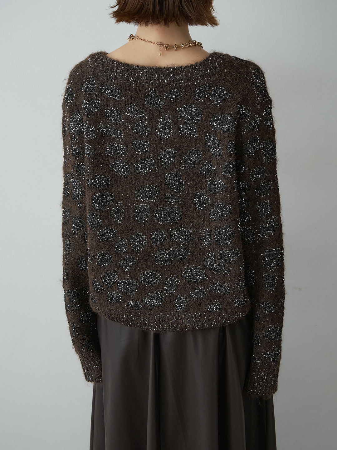 [予約]レオパードスパンコールニットトップス/brown