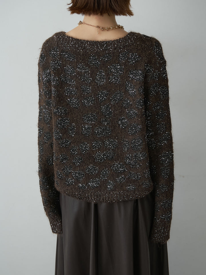 [予約]レオパードスパンコールニットトップス/brown