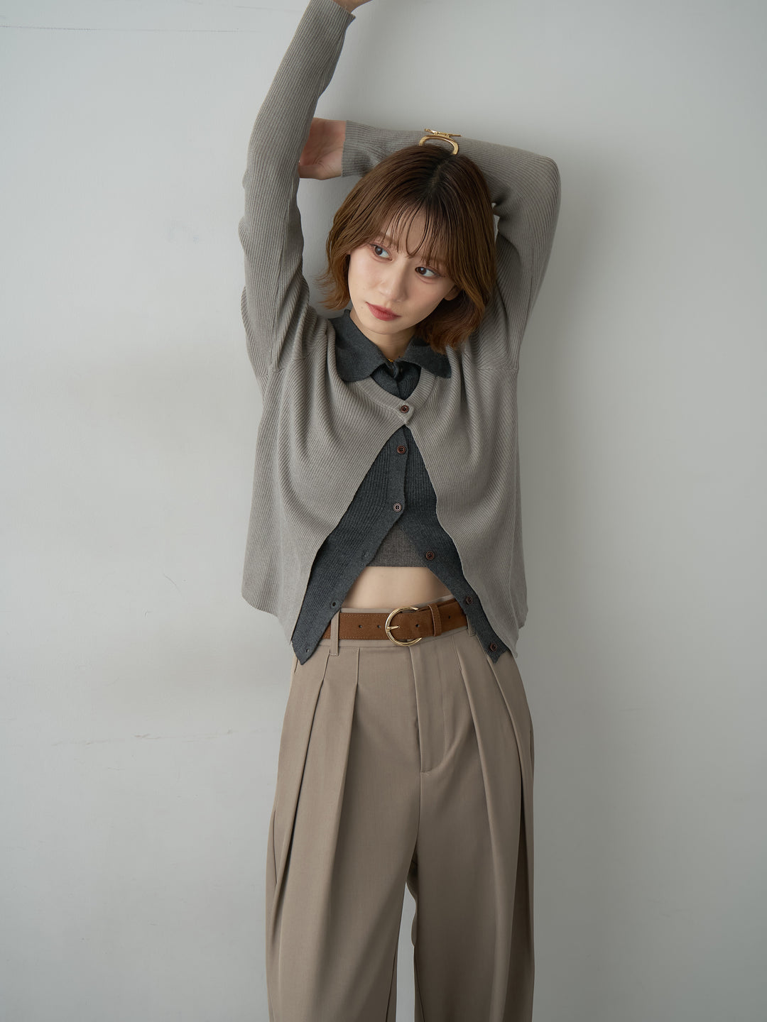 [SET]フロントレイヤードデザインリブニットシャツ+ツイルタックワイドパンツ(2set)