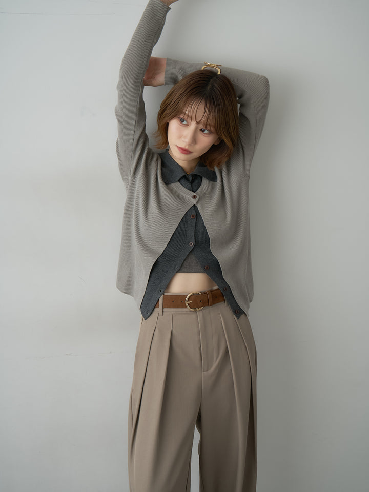 [SET]フロントレイヤードデザインリブニットシャツ+ツイルタックワイドパンツ(2set)