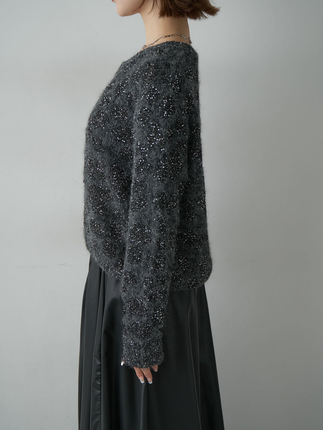 [予約]レオパードスパンコールニットトップス/gray