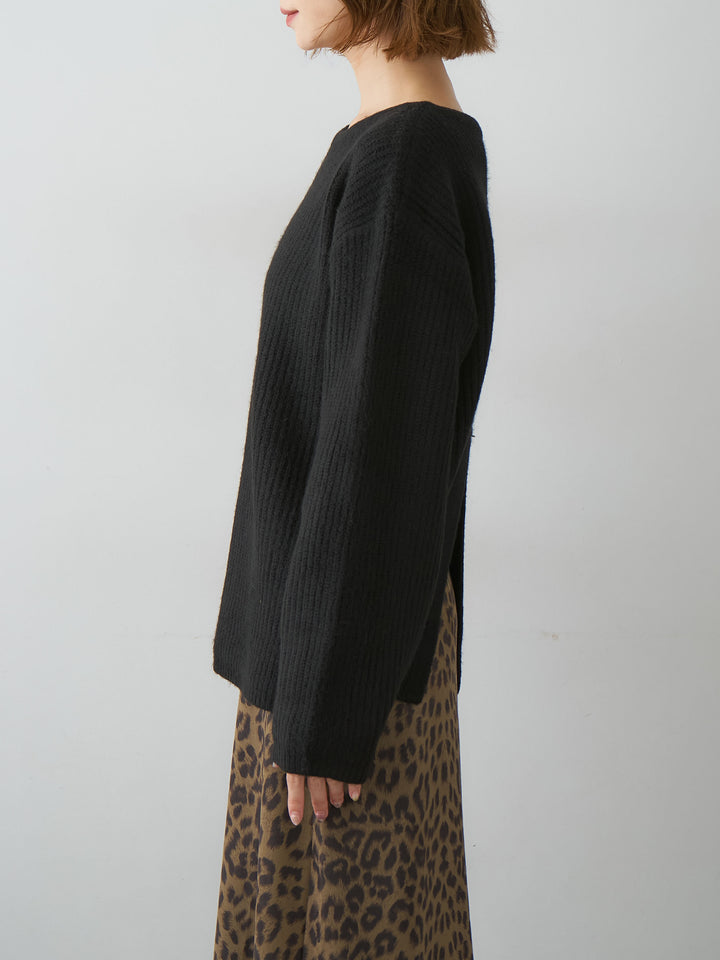 [予約]前後2wayスリットリブニットトップス/black
