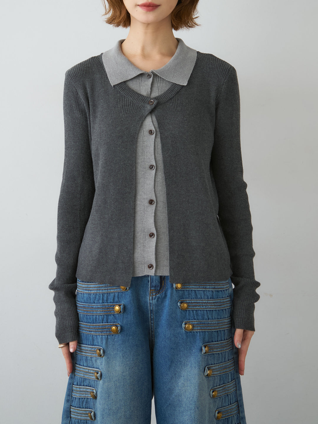 [予約]フロントレイヤードデザインリブニットシャツ/darkgray