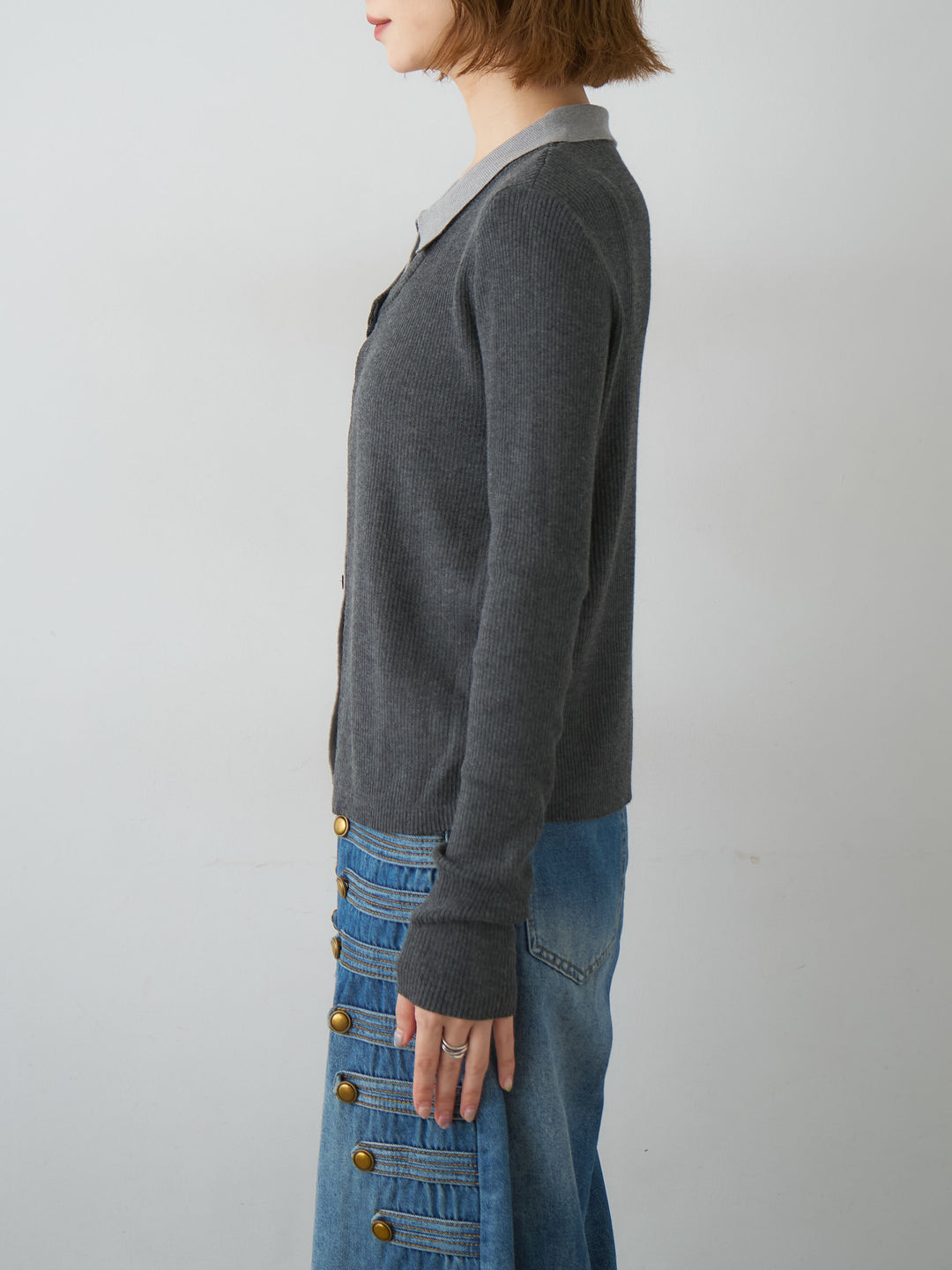 [予約]フロントレイヤードデザインリブニットシャツ/darkgray