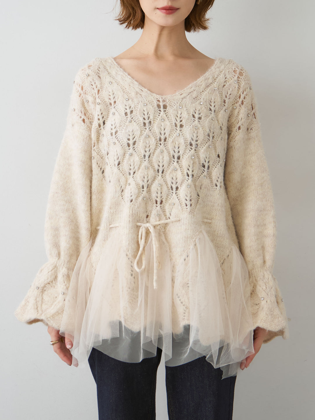 [予約]ラインストーンチュールヘムニットトップス/beige