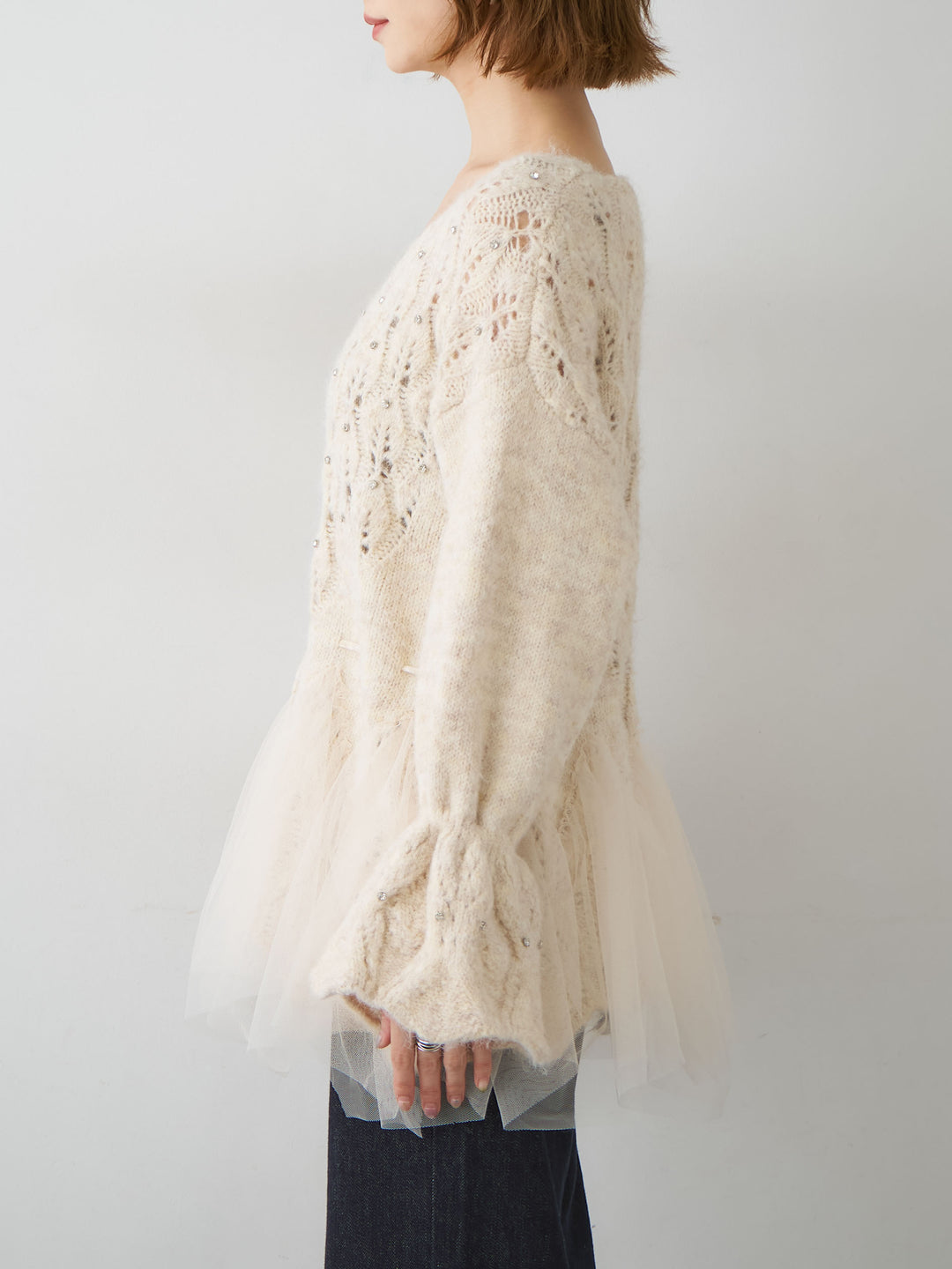 [予約]ラインストーンチュールヘムニットトップス/beige