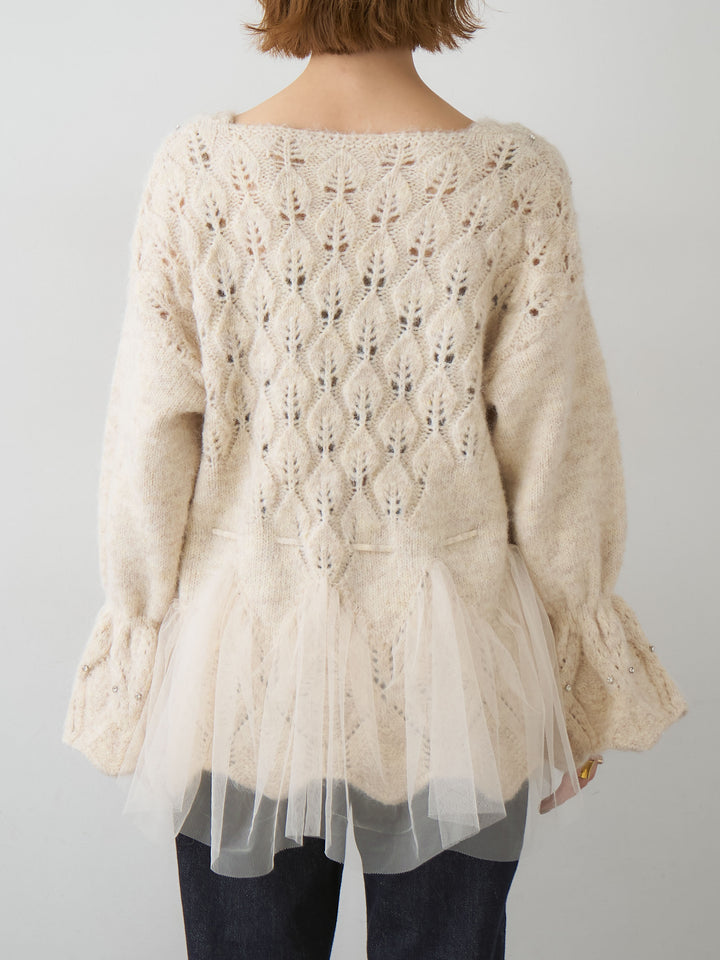 [予約]ラインストーンチュールヘムニットトップス/beige
