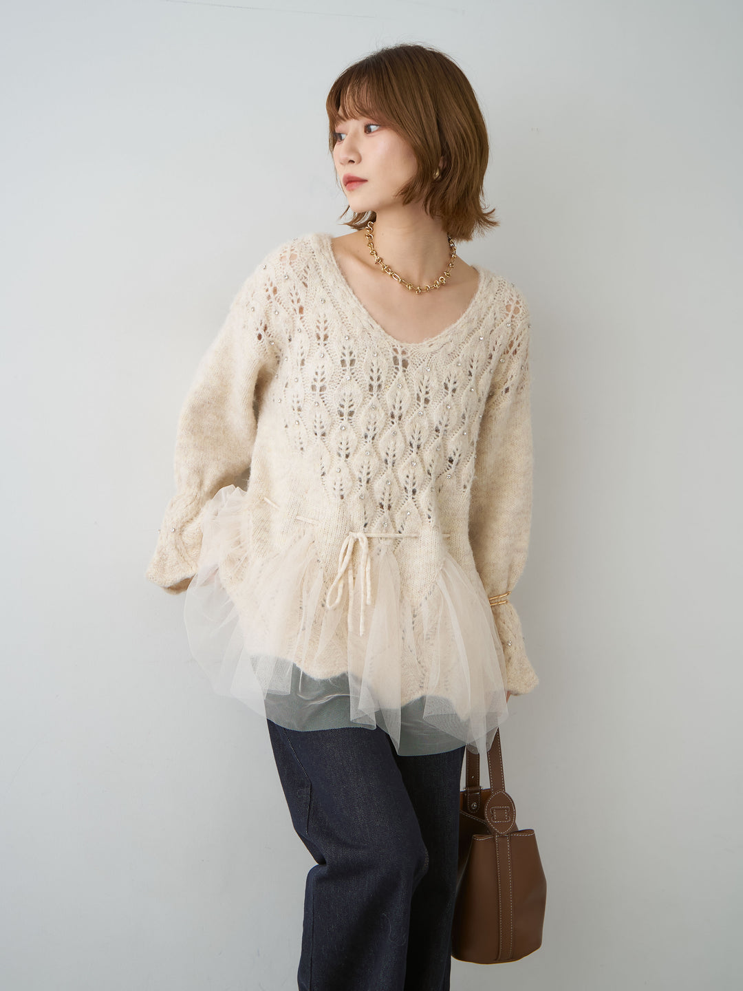[予約]ラインストーンチュールヘムニットトップス/beige
