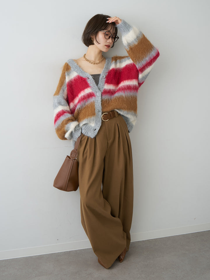 [SET]カラフルシャギーボーダーカーディガン+ダブルタックドレープストレートワイドパンツ(2set)