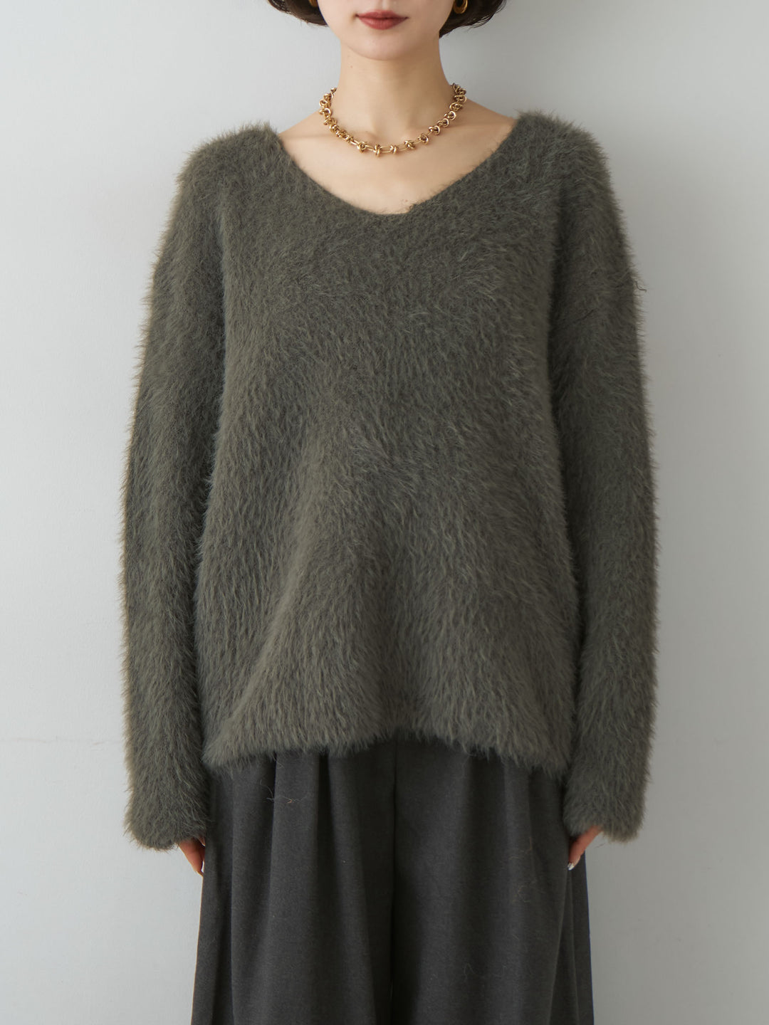 [予約]シャギーVネックニットトップス/khaki