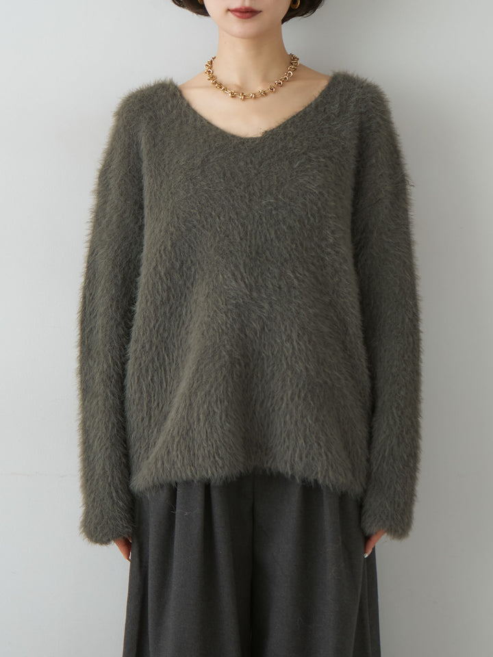 [予約]シャギーVネックニットトップス/khaki