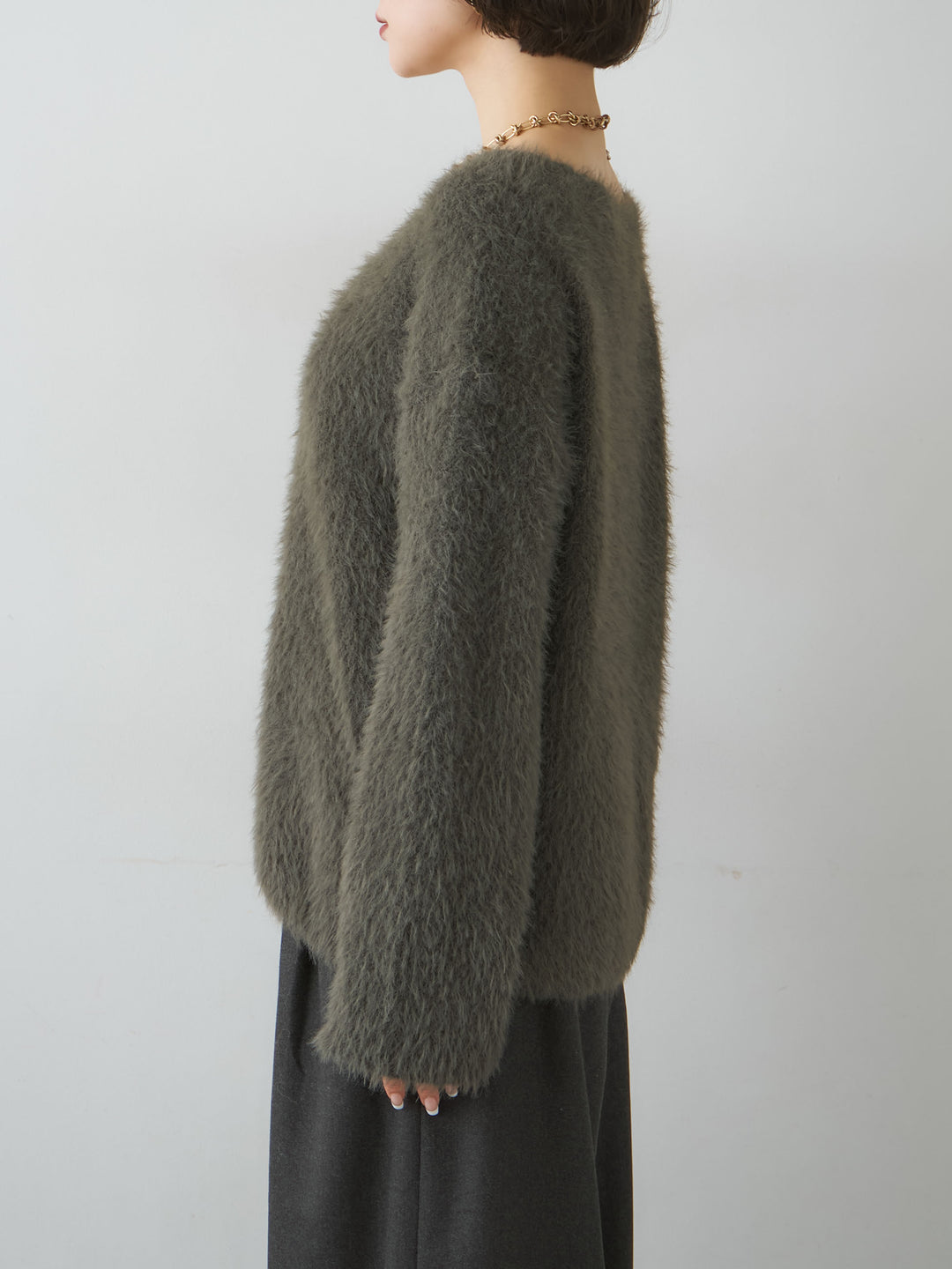 [予約]シャギーVネックニットトップス/khaki