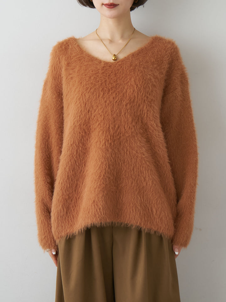 [予約]シャギーVネックニットトップス/orange