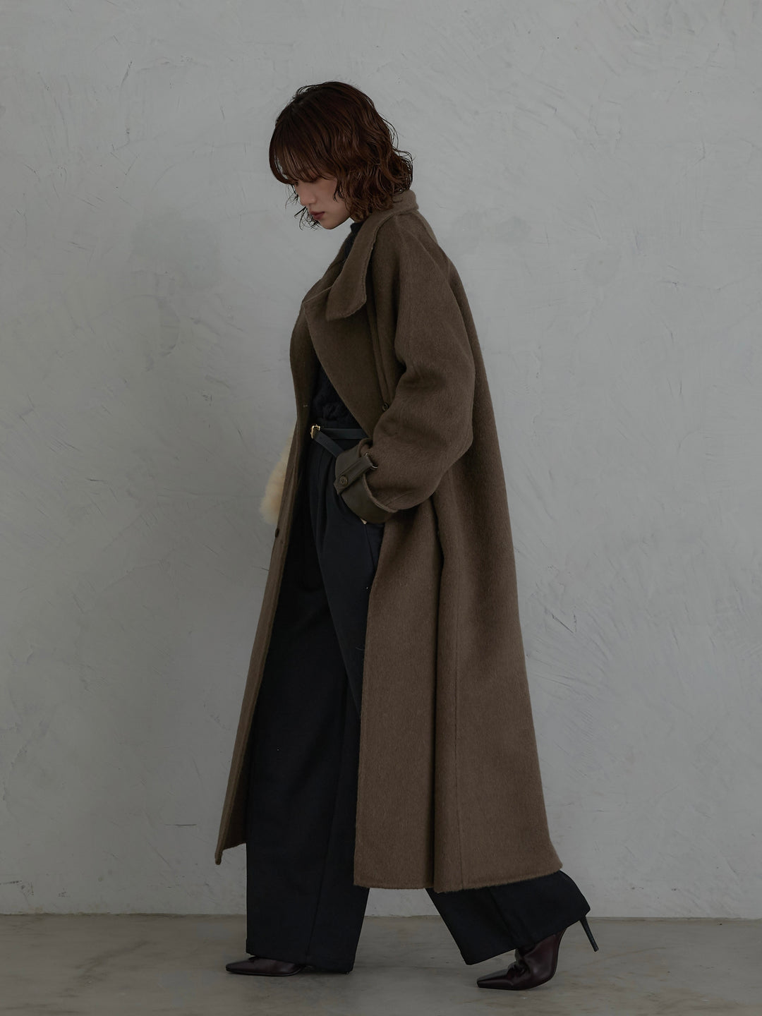 [予約]レザー切替ウールロングコート/khaki