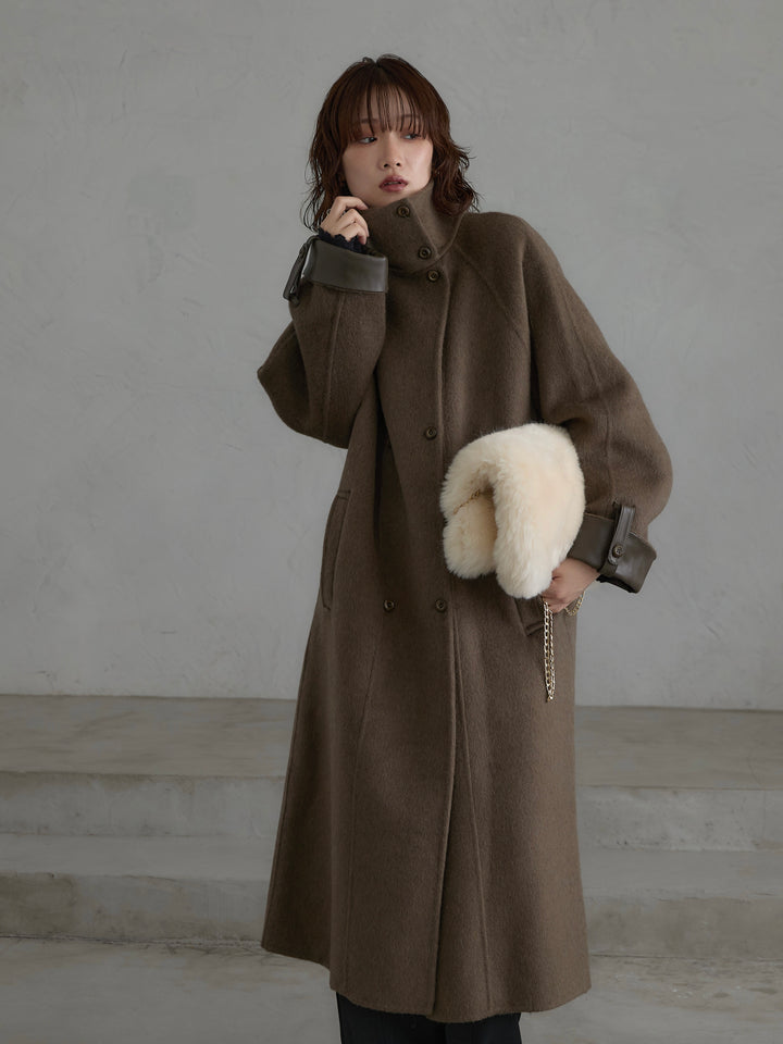 [予約]レザー切替ウールロングコート/khaki